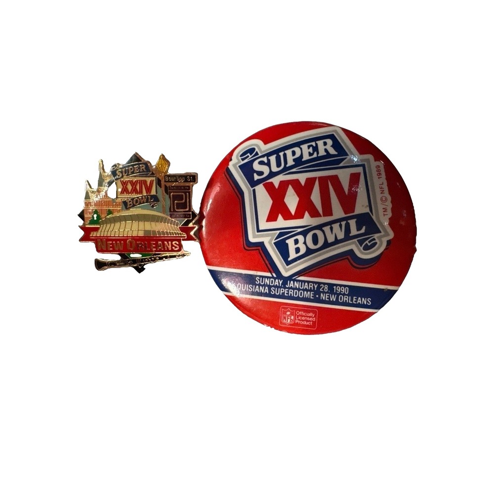 Vintage Super Bowl XXIV 24 New Orleans 1990 NFL Pin and 3 Inch Button Lot